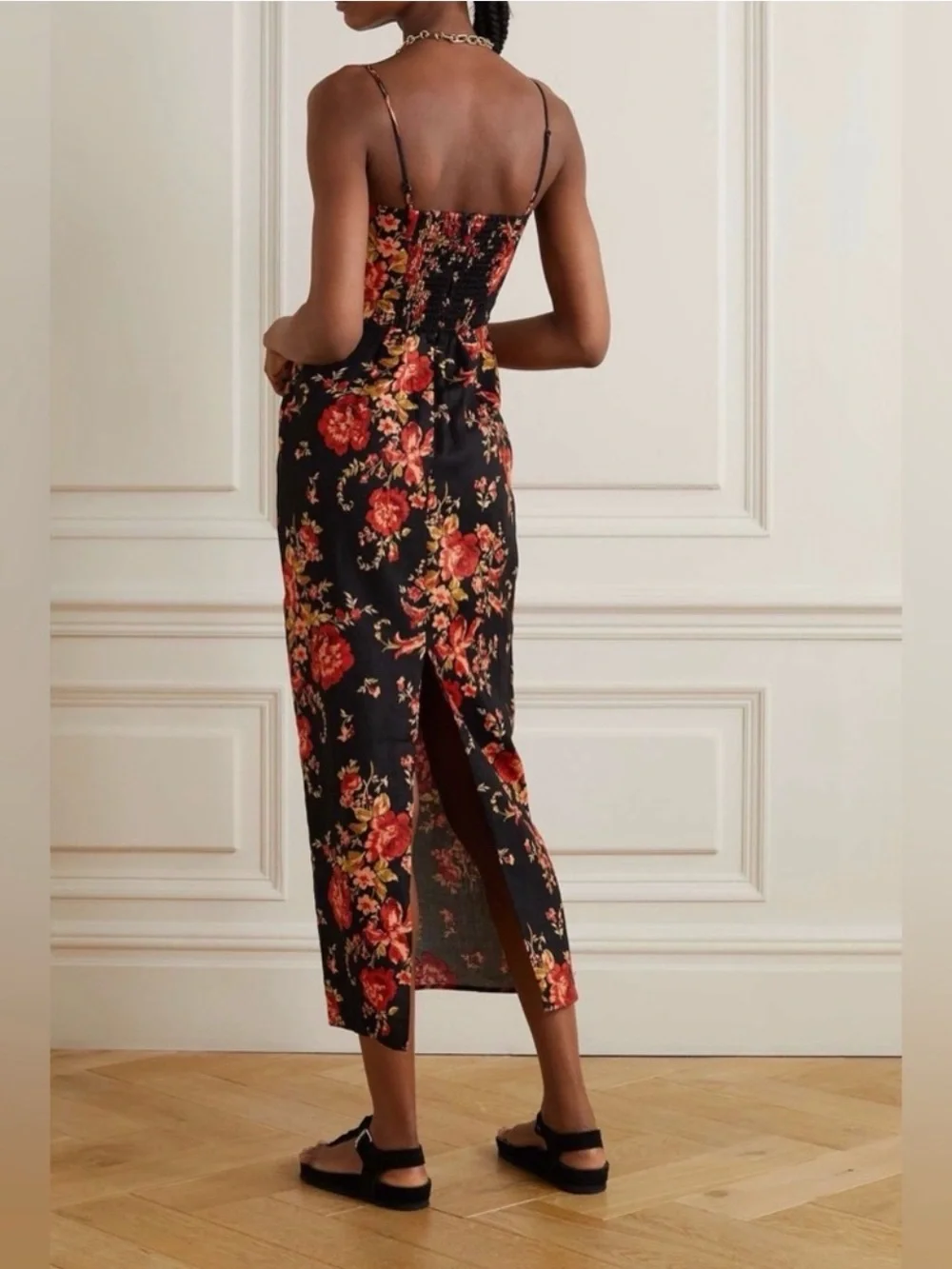 Reformation Linen Frankie Midi Dress Women’s 0 Black & Red Floral Formal Wedding - Picture 2 of 16